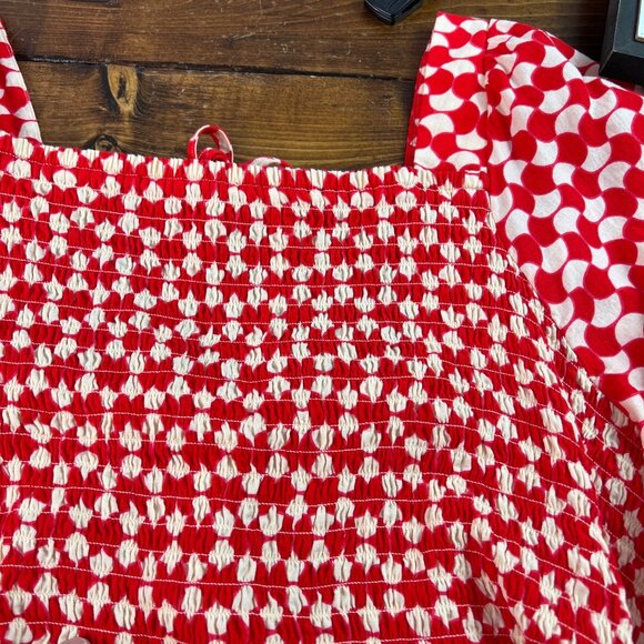 Ava & Viv Red & White Smocked Midi Dress Size 4X Puff Sleeves & Square Neckline - Picture 5 of 10